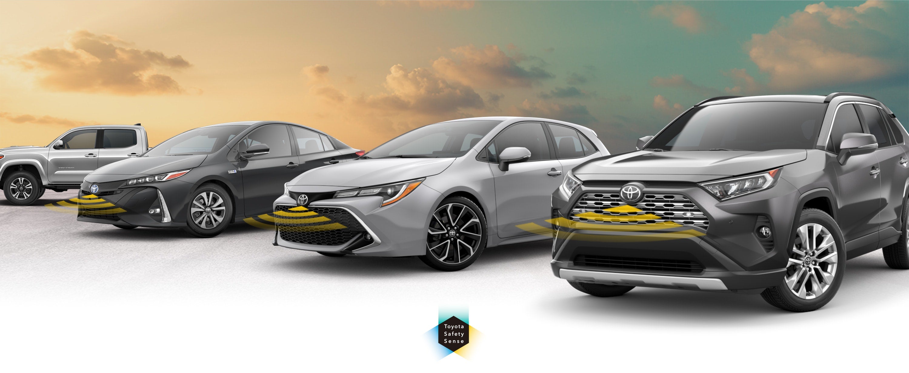 Toyota Safety Sense: Designed for Safety. Options shown on Toyota models including RAV4, Tacoma, and Camry, available now at Rydell Toyota of Grand Forks in Grand Forks ND.